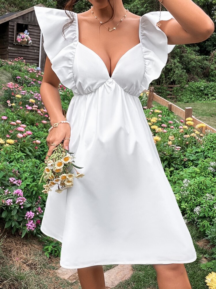 SHEIN Maternity Ruffle Trim Tie Backless Dress - White - View 6