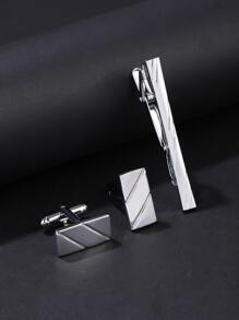 Men Geometric Decor Cufflinks & Tie Clip - Silver - View 1