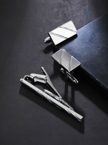 Men Geometric Decor Cufflinks & Tie Clip - Silver - View 2
