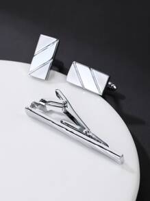 Men Geometric Decor Cufflinks & Tie Clip - Silver - View 3