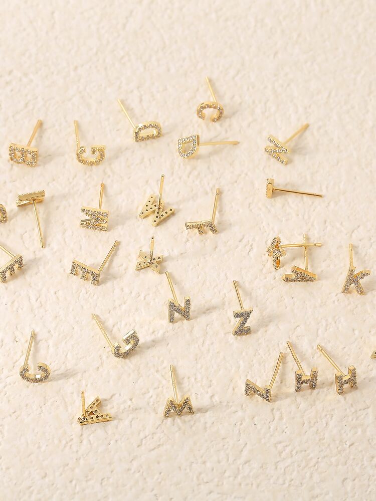 1pair Gold Plated Copper & Cubic Zirconia & Initial Letter Stud Earrings