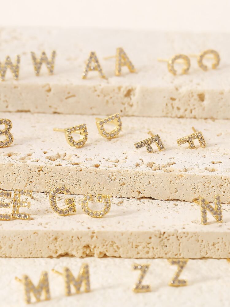 1pair Gold Plated Copper & Cubic Zirconia & Initial Letter Stud Earrings