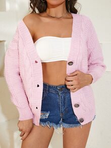 EURMUSE Cable Knit Drop Shoulder Cardigan - Baby Pink - View 5