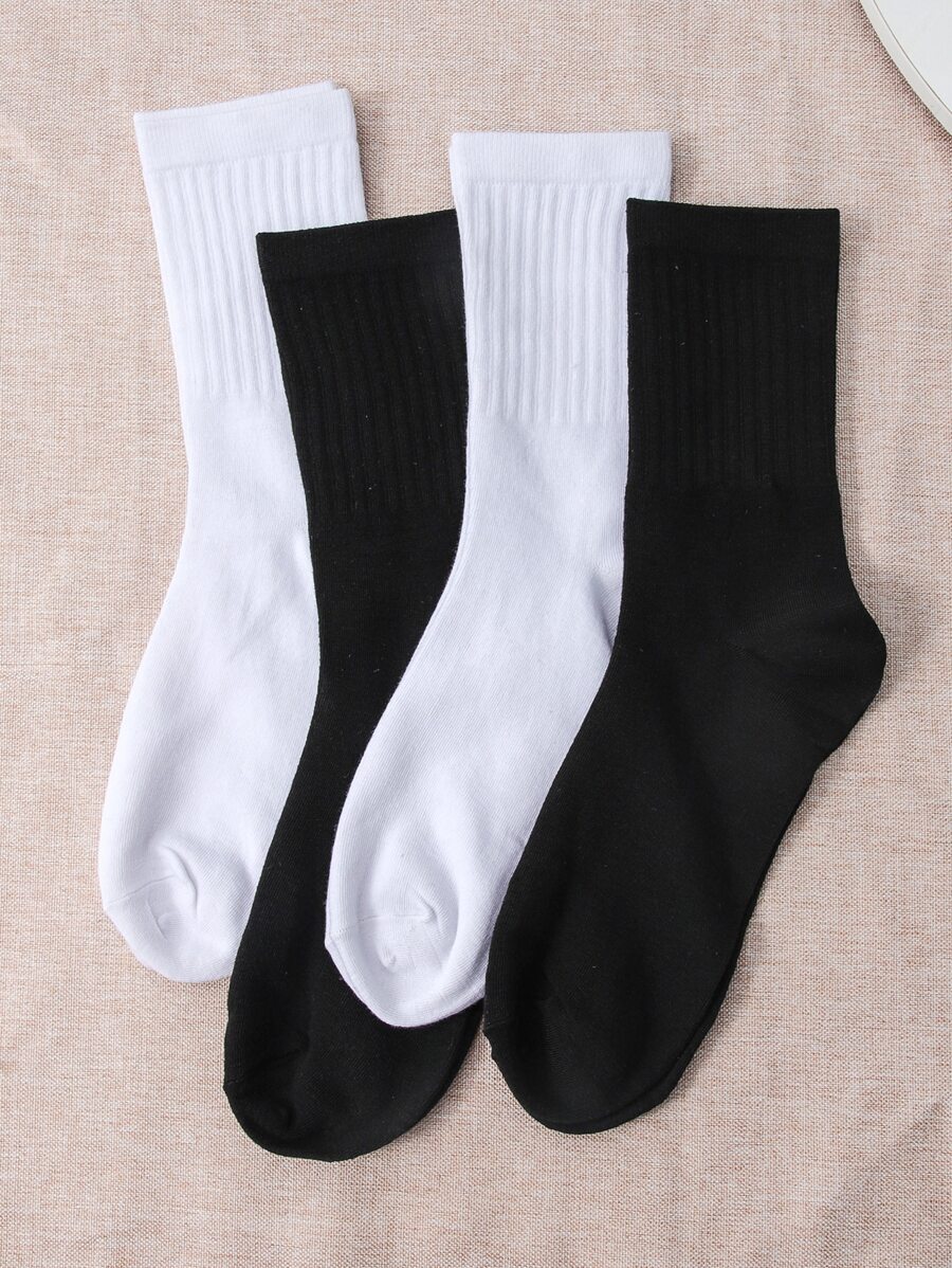 Hombres 4 pares Calcetines de tripulación unicolor - Blanco y Negro - Ver 1
