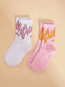 2pairs Flame Pattern Crew Socks - Multicolor - View 1