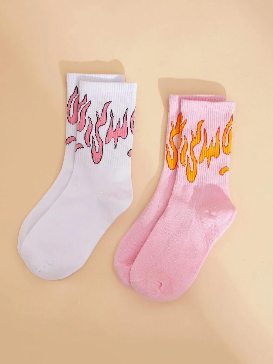 2pairs Flame Pattern Crew Socks - Multicolor - View 1