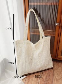 Handmade Daisy Flower Printed Canvas Shoulder Bags,Embossed Floral Handbag,Tote Bag Art,Casual Tote Bag,Girls Bags For Book,Shopping Lightweight,Business Casual Floral Embroidery Shopper Bag - Beige - View 4