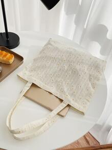 Handmade Daisy Flower Printed Canvas Shoulder Bags,Embossed Floral Handbag,Tote Bag Art,Casual Tote Bag,Girls Bags For Book,Shopping Lightweight,Business Casual Floral Embroidery Shopper Bag - Beige - View 6