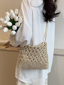 極簡風格，夏季旅遊度假必備，夏季必備，度假必備，草編錢包，草編沙灘袋，海灘必備，夏日必備，海灘用品和夏季必需品 - 米色 - 查看 3