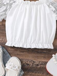 SHEIN 女孩網紗拼接貼花褶邊挖肩襯衫 - 白色 - 查看 5