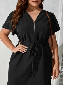 SHEIN LUNE 大碼半拉鏈繫腰帶連衣裙 - 黑色 - 查看 3