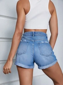 Ripped Roll Up Hem Denim Shorts