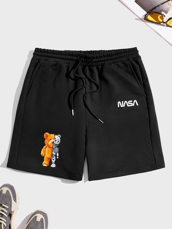Guys Bear & Letter Graphic Drawstring Waist Shorts