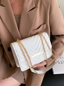 輕便商務休閒雪佛龍絎縫翻蓋鏈條方形包適合青少年女孩女大學生、菜鳥和白領非常適合辦公室、大學、工作、商務、通勤、戶外、旅行、郊遊 - 白色 - 查看 2