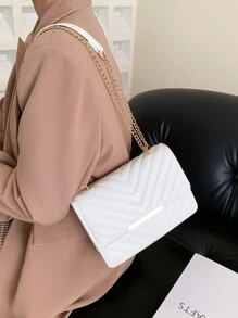 輕便商務休閒雪佛龍絎縫翻蓋鏈條方形包適合青少年女孩女大學生、菜鳥和白領非常適合辦公室、大學、工作、商務、通勤、戶外、旅行、郊遊 - 白色 - 查看 5