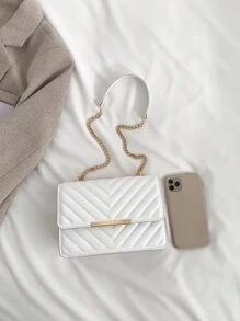 輕便商務休閒雪佛龍絎縫翻蓋鏈條方形包適合青少年女孩女大學生、菜鳥和白領非常適合辦公室、大學、工作、商務、通勤、戶外、旅行、郊遊 - 白色 - 查看 4