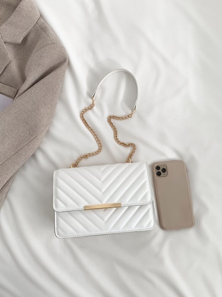 輕便商務休閒雪佛龍絎縫翻蓋鏈條方形包適合青少年女孩女大學生、菜鳥和白領非常適合辦公室、大學、工作、商務、通勤、戶外、旅行、郊遊 - 白色 - 查看 4