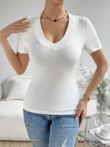 SHEIN Essnce 素色V領T恤 - 白色 - 查看 4