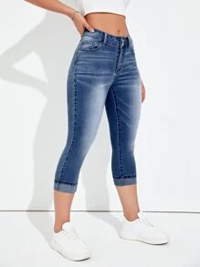 SHEIN Essnce Slant Pocket Skinny Capri Jeans - Dark Wash - View 3