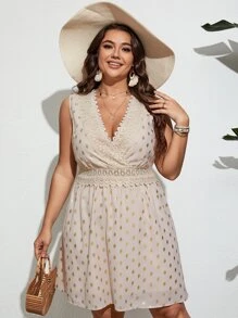 SHEIN Holidaya 大碼燙金水溶蕾絲拼接連衣裙 - 杏色 - 查看 3