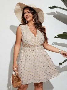 SHEIN Holidaya 大碼燙金水溶蕾絲拼接連衣裙 - 杏色 - 查看 1