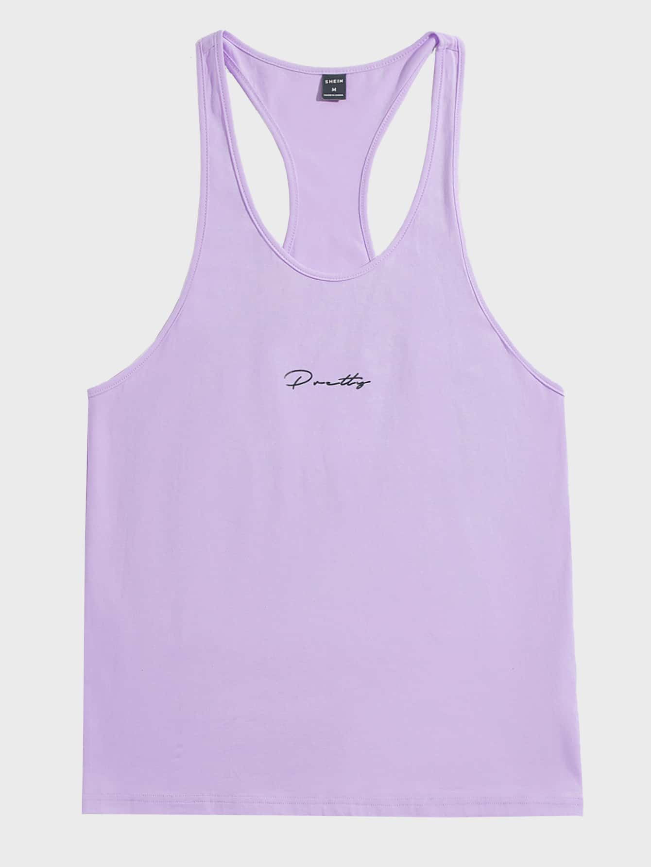 SHEIN Parte superior deportiva de tirantes con gráfico de letras en estilo de novio para hombres - Lila Púrpura - Ver 1