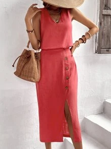 SHEIN LUNE 素色背心上衣和前紐扣高衩半身裙 - 西瓜粉 - 查看 3