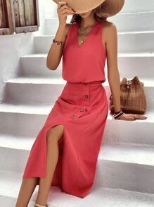 SHEIN LUNE 素色背心上衣和前紐扣高衩半身裙 - 西瓜粉 - 查看 5