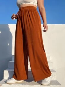 SHEIN EZwear Plus Drawstring Waist Wide Leg Trousers - Rust Brown - View 3