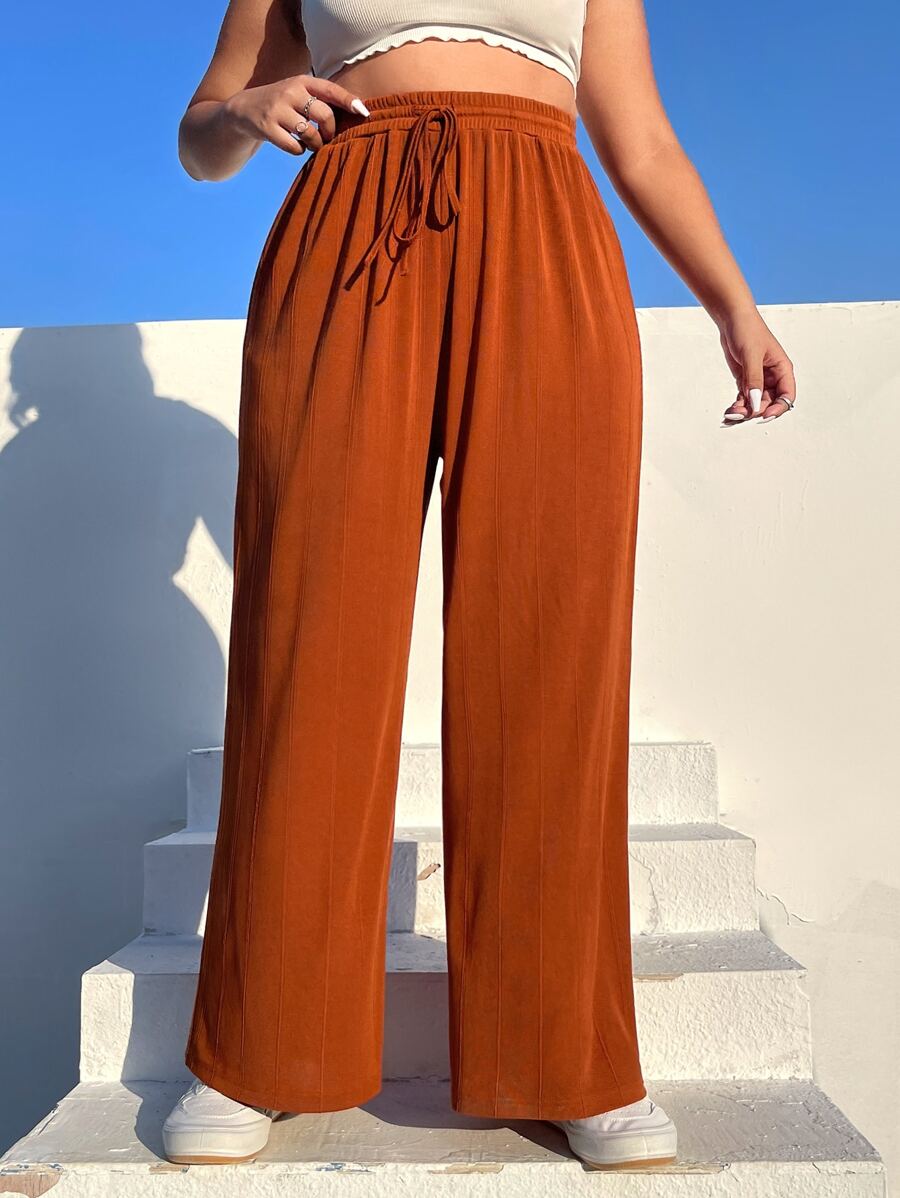 SHEIN EZwear Plus Drawstring Waist Wide Leg Trousers - Rust Brown - View 1