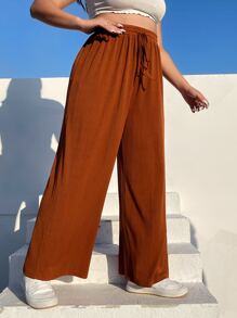 SHEIN EZwear Plus Drawstring Waist Wide Leg Trousers - Rust Brown - View 4
