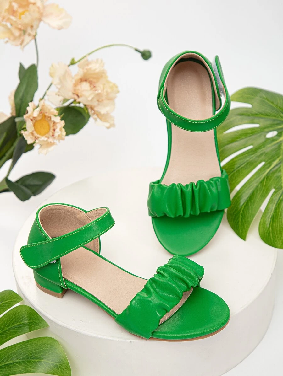 Fashionable Heeled Sandals For Girls, Ruched Detail Single Band Ankle Strap Sandals - Green - View 1