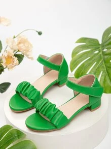 Fashionable Heeled Sandals For Girls, Ruched Detail Single Band Ankle Strap Sandals - Green - View 4
