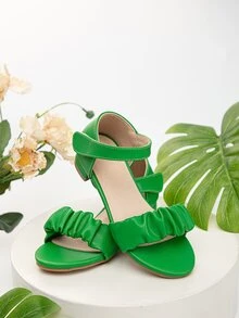 Fashionable Heeled Sandals For Girls, Ruched Detail Single Band Ankle Strap Sandals - Green - View 5
