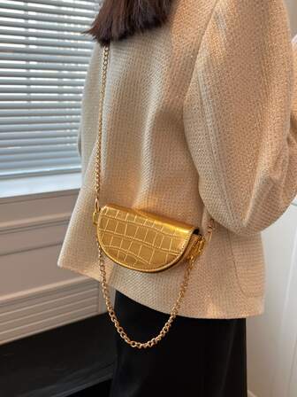 迷你金屬質感鱷魚壓紋鏈條馬鞍包