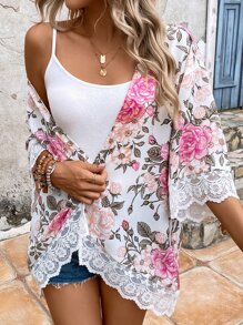 SHEIN VCAY Floral Print Contrast Lace Kimono For Summer Beach Vacation - Multicolor - View 3
