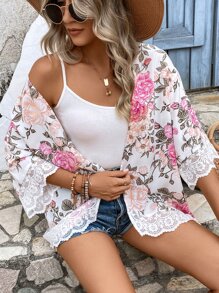 SHEIN VCAY Floral Print Contrast Lace Kimono For Summer Beach Vacation - Multicolor - View 6