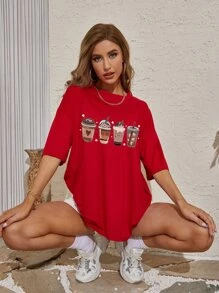 SHEIN EZwear 冰淇淋圖案落肩袖超大號T恤 - 紅色 - 查看 1