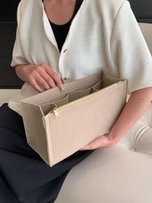 Minimalist Bag Insert Classic Inner Portable Organizer Makeup Bag Cosmetic Make Up Accessories Tote Bag For Teen Girls Women College Students Rookies & White-collar Workers - Khaki - View 4