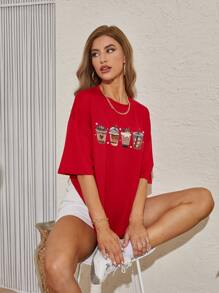 SHEIN EZwear 冰淇淋圖案落肩袖超大號T恤 - 紅色 - 查看 3