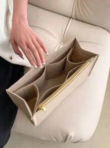 Minimalist Bag Insert Classic Inner Portable Organizer Makeup Bag Cosmetic Make Up Accessories Tote Bag For Teen Girls Women College Students Rookies & White-collar Workers - Khaki - View 5