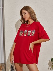SHEIN EZwear 冰淇淋圖案落肩袖超大號T恤 - 紅色 - 查看 5
