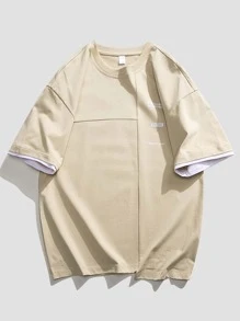 Men Slogan Graphic Drop Shoulder Tee - Khaki - View 1