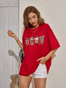 SHEIN EZwear 冰淇淋圖案落肩袖超大號T恤 - 紅色 - 查看 6