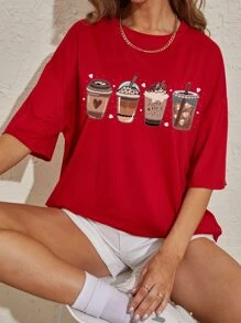 SHEIN EZwear 冰淇淋圖案落肩袖超大號T恤 - 紅色 - 查看 7