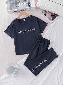 Girls Slogan Graphic PJ Set - Navy Blue - View 1