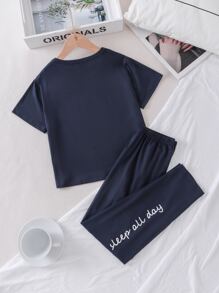 Girls Slogan Graphic PJ Set - Navy Blue - View 2
