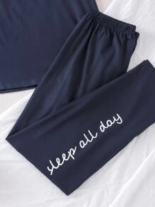 Girls Slogan Graphic PJ Set - Navy Blue - View 3