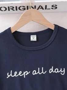Girls Slogan Graphic PJ Set - Navy Blue - View 4