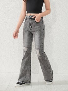 Nuevos vaqueros acampanados casuales y elegantes para niñas preadolescentes, versátiles, con dobladillo de flecos y aspecto lavado desgastado - Gris Oscuro - Ver 3